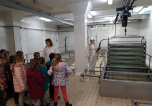 Dzieci obserwują etap produkcji żółtego sera.