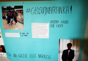 Plakat ucznia ze zdjęciami i programem wyborczym.