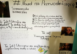 Plakat uczennicy ze zdjęciami i programem wyborczym.