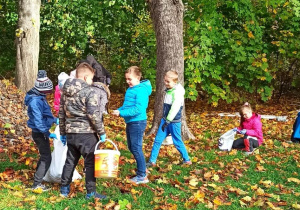 Uczniowie w parku zbierają kasztany do worków.