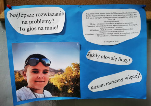 Plakat wyborczy kandydata z klasy siódmej wraz z jego zdjęciem i programem wyborczym.