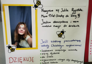 Plakat wyborczy kandydatki z klasy siódmej wraz z jej zdjęciem i programem wyborczym.