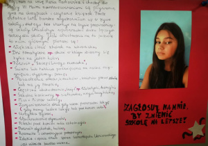 Plakat wyborczy kandydatki z klasy ósmej wraz z jej zdjęciem i programem wyborczym.