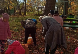 Uczniowie w parku zbierają kasztany do worków.