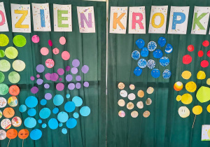 Kolorowa mozaika z kropek wykonanych przez dzieci.