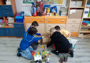 Grupka chłopców rozpakowuje pudełko z karmą dla psów i kotów.